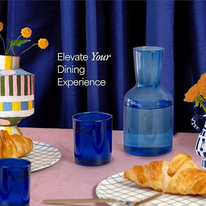 Glass Carafe and Cup Set | BPA Free, Dishwasher Safe, Durable & Lightweight | Ideal for Cold & Hot Beverages - Light Blue & Cobalt
