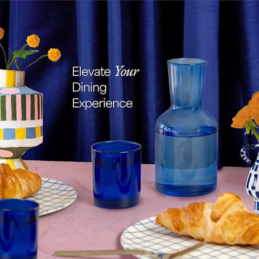 Glass Carafe and Cup Set | BPA Free, Dishwasher Safe, Durable & Lightweight | Ideal for Cold & Hot Beverages - Light Blue & Cobalt