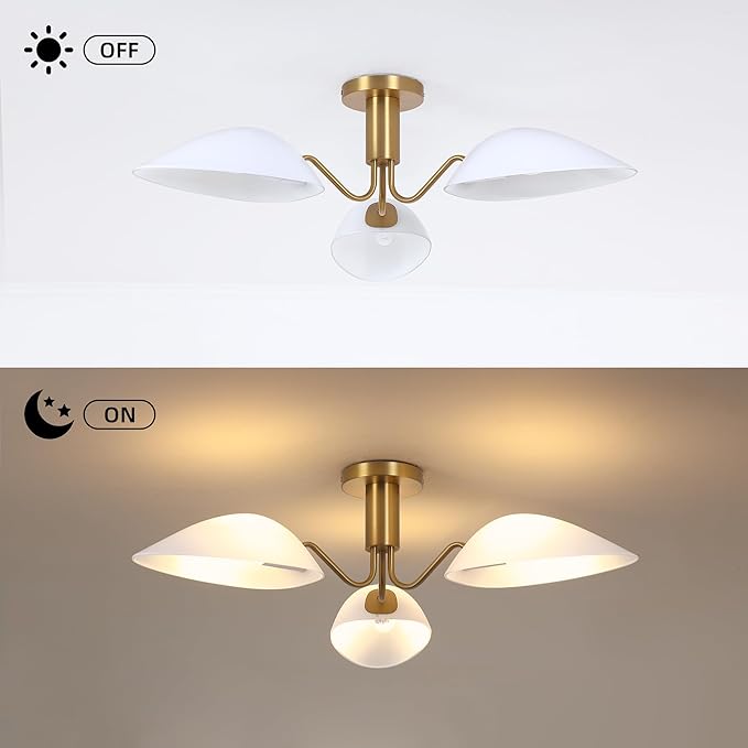 Modern Gold 3-Light Ceiling Light with Opal White Glass Shade Semi Flush Mount Ceiling Light for Living Room Hallway Sputnik Chandelier Lighting Fixture