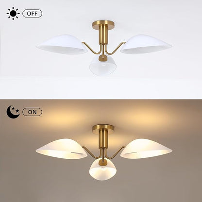 Modern Gold 3-Light Ceiling Light with Opal White Glass Shade Semi Flush Mount Ceiling Light for Living Room Hallway Sputnik Chandelier Lighting Fixture
