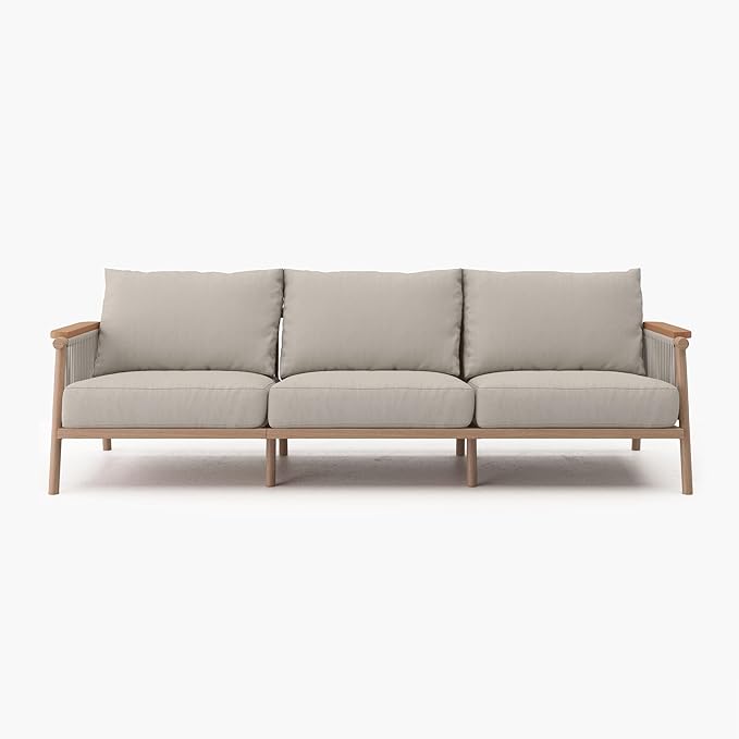 Acanva Modern All-Weather Aluminum Outdoor Sofa with Thick Cushions, Olefin Fabric Sunroom Backyard Furniture, Couch Light Khaki