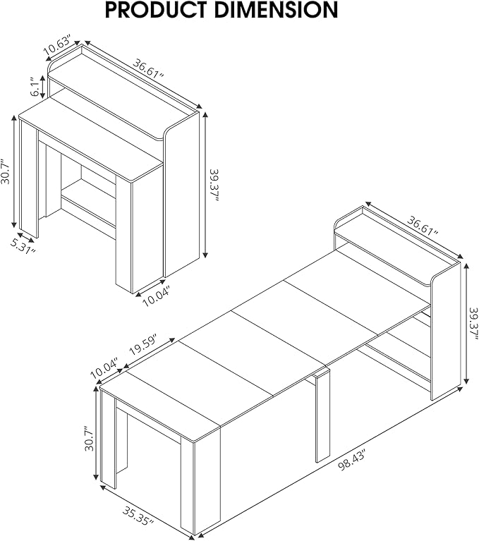 21''- 98.43'' Extendable Dining Room Table, Expandable Dining Table, Modern Large Table, for 2-9 Person(with Shelf), White