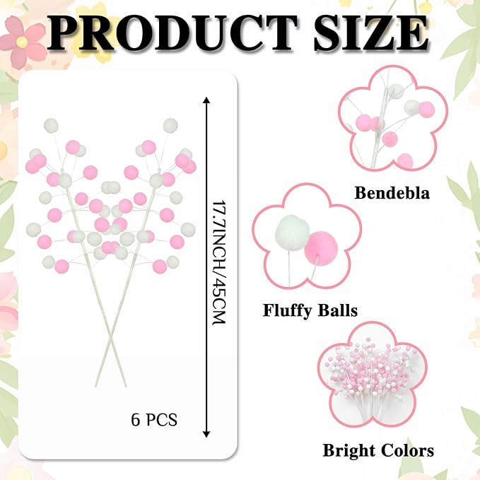 6 Pcs Pink White Pom Poms Christmas Decorations & Felt Christmas Picks and Sprays DIY Xmas Tree Toppers, Festive Tree Filler & Decor (PinkWhite)