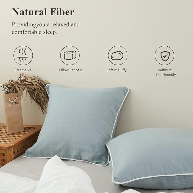 Simple&Opulence 100% Linen Euro Sham Covers with Piping Trim, 26"x26" Pillow Cover Set of 2, Breathable Pillow Shams for Bed Couch Decorative Cushions, Dusty Blue