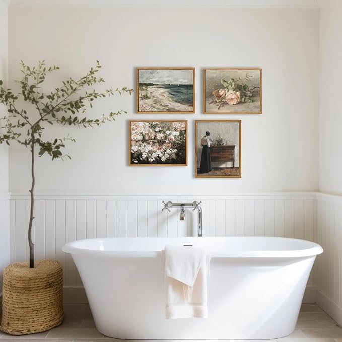 KBKBART Vintage Wall Art, Retro Coastal Seaside Beach House Framed Canvas Art Prints Painting Farmhouse Decor, Rustic Impressionism Scenic Landscape Wall Decor for Bathroom, Bedroom Living Room,