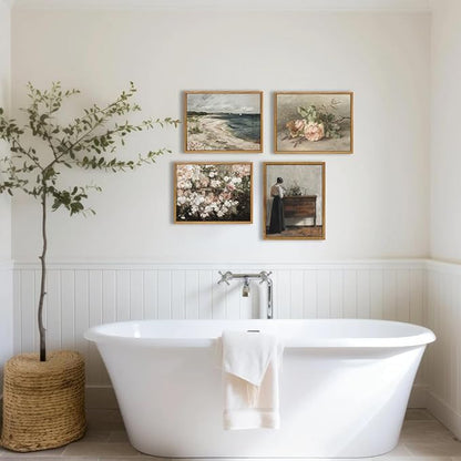 KBKBART Vintage Wall Art, Retro Coastal Seaside Beach House Framed Canvas Art Prints Painting Farmhouse Decor, Rustic Impressionism Scenic Landscape Wall Decor for Bathroom, Bedroom Living Room,