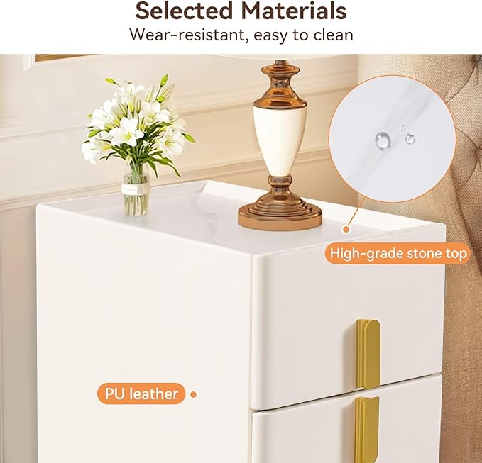 homary Modern Narrow Night Stand, Off White Nightstand with 2 Drawer, Beige Bedside Table in Gold Legs for Bedroom