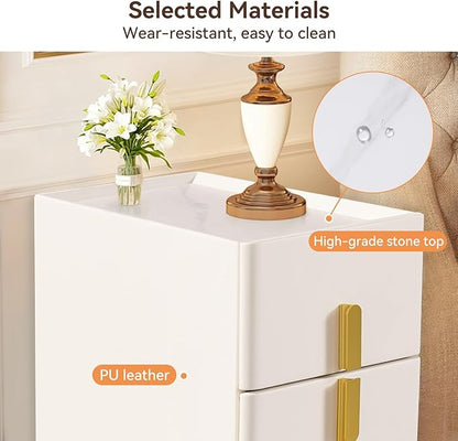 homary Modern Narrow Night Stand, Off White Nightstand with 2 Drawer, Beige Bedside Table in Gold Legs for Bedroom
