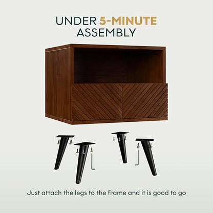 Bme Rhombus Wooden Nightstand with Storage Drawer – Solid Acacia Wood, Geometric Rhombus Pattern Front, Modern Scandinavian Side Table with Metal Base for Bedroom