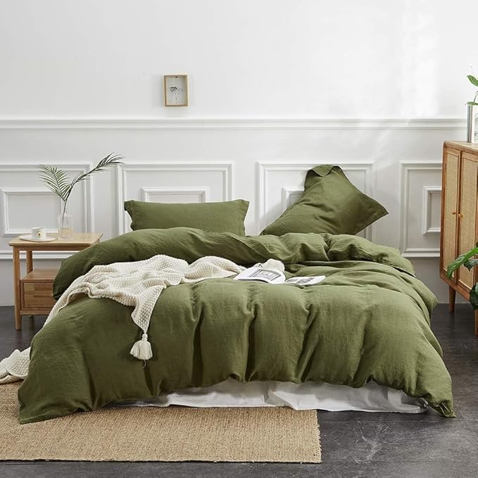 Simple&Opulence 100% Linen Duvet Cover Set, Natural French Flax Olive Green Duvet Cover Twin Size, Breathable Soft Comfy Linen Bedding Comforter Cover with 1 Pillowcase(Olive Green, 68"x86")