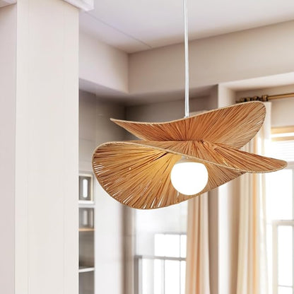 Natural Abaca Woven Pendant Light, Hand-Made Weaved Ceiling Light with Organic Weaved Leaf Finish, 20 Inch Diam Hanging Pendant Light for Bedroom, Living Room, Dining Room