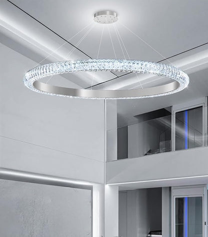 40" 1 Ring Crystal Chandelier Modern LED Dimmable Ring Pendant Light Chandelier for Dining Room Living Room Silver