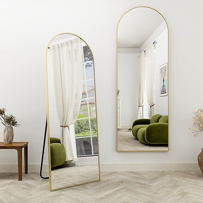 Arched Full Length Mirror, 64" x 21" Arch Floor Mirror with Stand, Full Length Wall Mirror Hanging or Leaning Arched-Top Full Body with Stand for Bedroom, Dressing Room, Gold