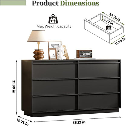 55.12" Modern Chest of Drawer, 6 Deep Drawers,Clothes Organizer,Large Storage Cabinet for Living Room, Bedroom,Dresser TV Stand, Wood Drawer Organizer for Living Room, Hallway,Black