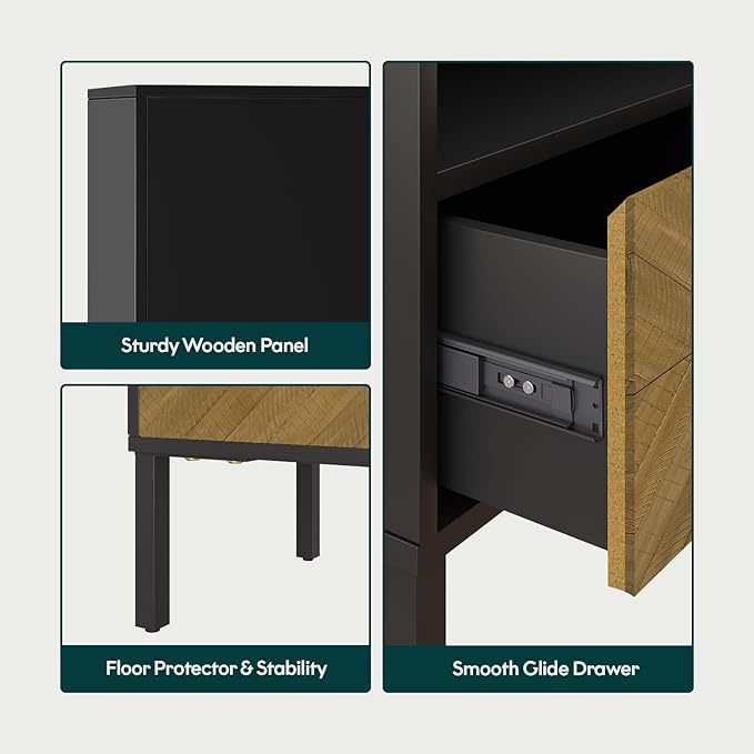 Bme Vivian Solid Wood Nightstand, End Table, Bedside Table with Herringbone Pattern for Rustic Bedroom, Easy Assembly, Rustic Seadrift and Black