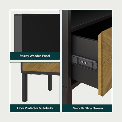 Bme Vivian Solid Wood Nightstand, End Table, Bedside Table with Herringbone Pattern for Rustic Bedroom, Easy Assembly, Rustic Seadrift and Black