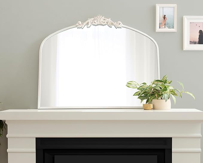 Kate and Laurel Arendahl Ornate Traditional Arched Mirror; 36 x 29; White; Decorative Baroque Style Arched Wall Mirror with Wide Frame and Crown