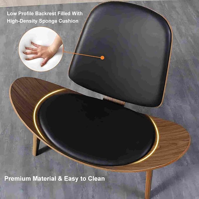 homary Leather Walnut Tripod Accent Chair, High Back Lounge Chair with Soft Faux Leather Seat, Sturdy Wood Frame for Living Room Bedroom (Black)