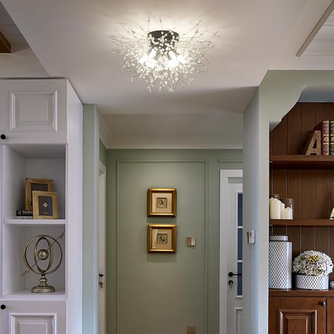 HMVPL Black Ceiling Light Fixture,6-Light Firework Sputnik Flush Mount Ceiling Light with K9 Crystal String,Modern Close to Ceiling Light for Bedroom Bathroom Hallway Kitchen Entrance Closet