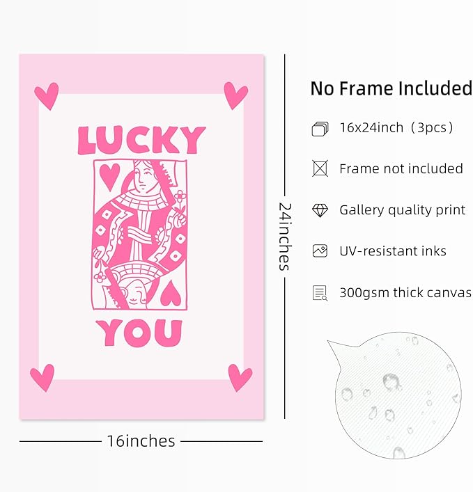 Lucky You Pink Wall Art Guest Check Preppy Wall Decor Trendy Aesthetic Canvas Wall Art Funky Retro Poster Hearts Cute Picture Prints Inspirational Artwork for Room Bedroom 16x24 Inch Unframed Set of 3