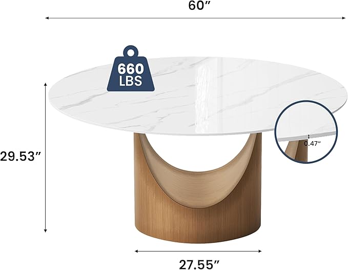 POVISON Round Dining Table for 4-6, 60" Glossy White Sintered Stone Tabletop with Bronze Carbon Steel Pedestal