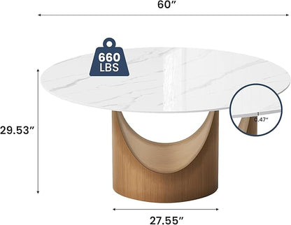 POVISON Round Dining Table for 4-6, 60" Glossy White Sintered Stone Tabletop with Bronze Carbon Steel Pedestal
