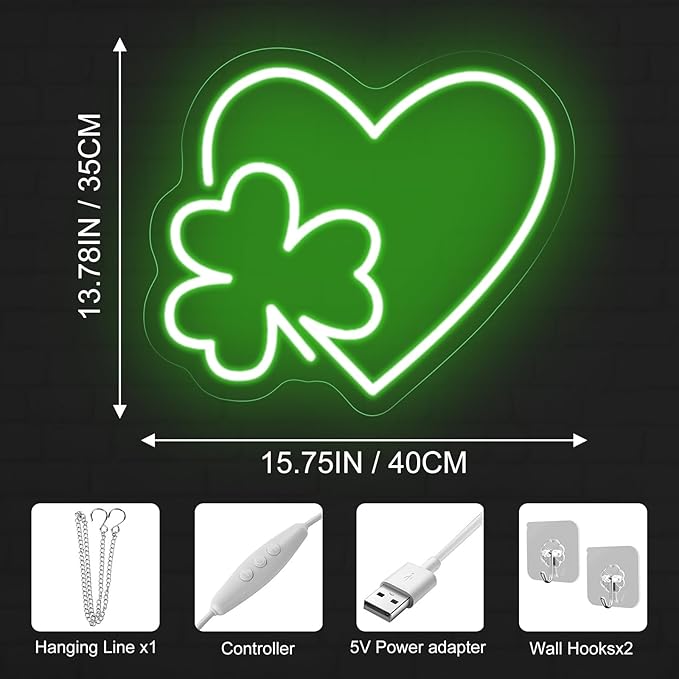 Clover Leaf Heart LED Neon Sign,St. Patrick Shamrock Neon Light, Saint Patricks Day Gift,Lucky Four Leaf Led Sign Wall Hanging For Party Favors, Classroom, Man Cave Bar Pub Home Party Room