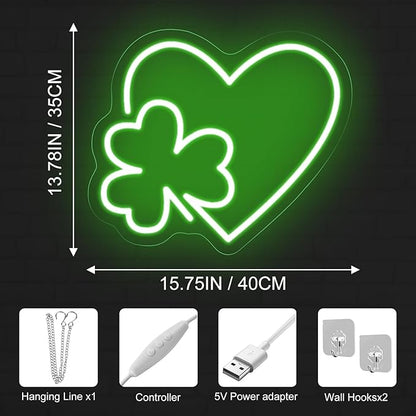 Clover Leaf Heart LED Neon Sign,St. Patrick Shamrock Neon Light, Saint Patricks Day Gift,Lucky Four Leaf Led Sign Wall Hanging For Party Favors, Classroom, Man Cave Bar Pub Home Party Room
