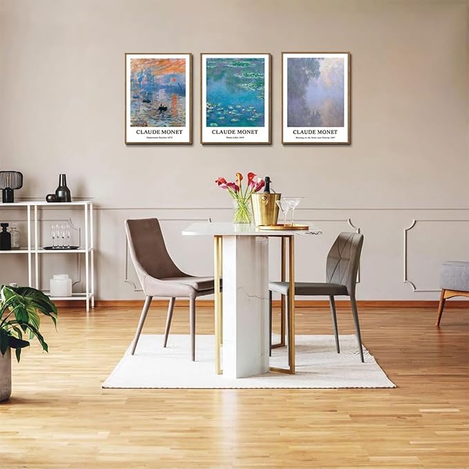 ILLBDR Claude Monet Water Lilies Framed Wall Art Vintage Aesthetic Canvas Wall Art Set of 3 Impressionist Botanical Prints Artwork Minimalist Classic Pictures Decor for Bedroom Living Room 12x16 Inch