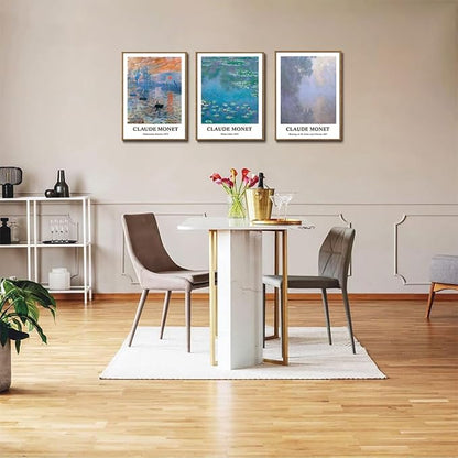 ILLBDR Claude Monet Water Lilies Framed Wall Art Vintage Aesthetic Canvas Wall Art Set of 3 Impressionist Botanical Prints Artwork Minimalist Classic Pictures Decor for Bedroom Living Room 12x16 Inch