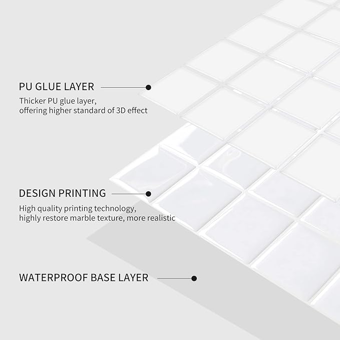Alwayspon 10 Sheets 10" x10'' White 3D Vinyl Backsplash Tiles, Self-Adhesive Peel and Stick Wall Tile Stickers Stick on Subway Tiles for Kitchen Bathroom Wall