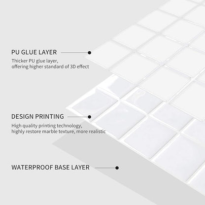 Alwayspon 10 Sheets 10" x10'' White 3D Vinyl Backsplash Tiles, Self-Adhesive Peel and Stick Wall Tile Stickers Stick on Subway Tiles for Kitchen Bathroom Wall