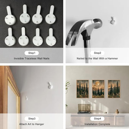 HOURIA Nature Forest Mountain Framed Canvas Wall Art Set,Moonlight Pine Tree Flower Wall Decor,Wilderness Field Wall Painting,Vintage Botanical Art Prints for Living Room,Bedroom,Farmhouse-24 x36 x3