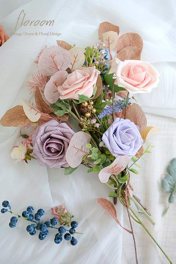 Floroom Artificial Flowers 50pcs Real Looking Blush Heirloom Foam Fake Roses with Stems for DIY Wedding Bouquets Pink Baby Shower Centerpieces Floral Arrangements Party Tables Home Decorations