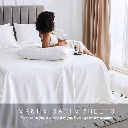 MR&HM Satin Bed Sheets, Twin XL Size Sheets Set, 3 Pcs Silky Bedding Set with 15 Inches Deep Pocket for Mattress (Twin XL, White)