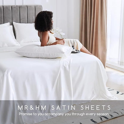 MR&HM Satin Bed Sheets, Twin Size Sheets Set, 3 Pcs Silky Bedding Set with 15 Inches Deep Pocket for Mattress (Twin, White)