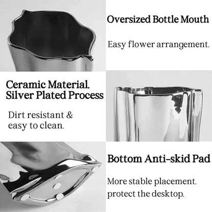 BLOFLO Silver Ceramic Modern Vase Crinkle Fold Paper Bag Handmade Ceramic Vase, Creative Flower Arrangement Ornaments, Decorative Vases for Home Decor, Mantel, Living Room Decoration (Silver)
