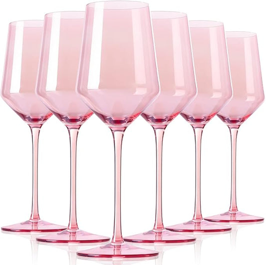 Physkoa Pink Wine Glasses Set 6-15oz Crystal Blush Pink Wine Glasses With Long Stem and Thin Rim,Perfect Pink Colored Wine Stemware for Wine Lover in Wedding,Bridal Shower