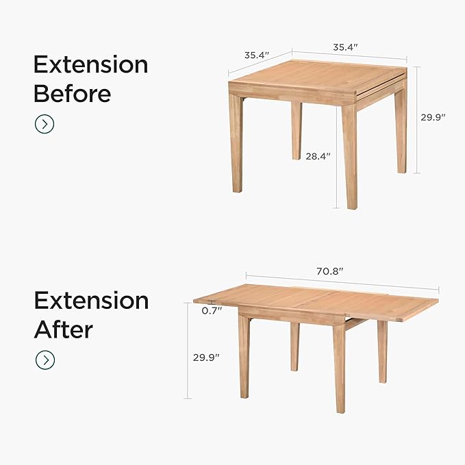 Acanva Rectangle Extendable Dining Table for 4-6 Person, Modern Kitchen Small Space Tables with Solid Wood Legs, Natural Oak