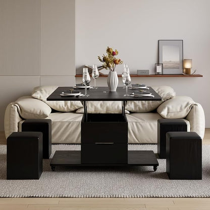 homary Coffee Table with Stools, Black 3-in-1 Modern Lift-Top Folding Center Table with Hidden Storage, Casters, and Lockable Wheels – Convertible Dining & Office Table for Living Room