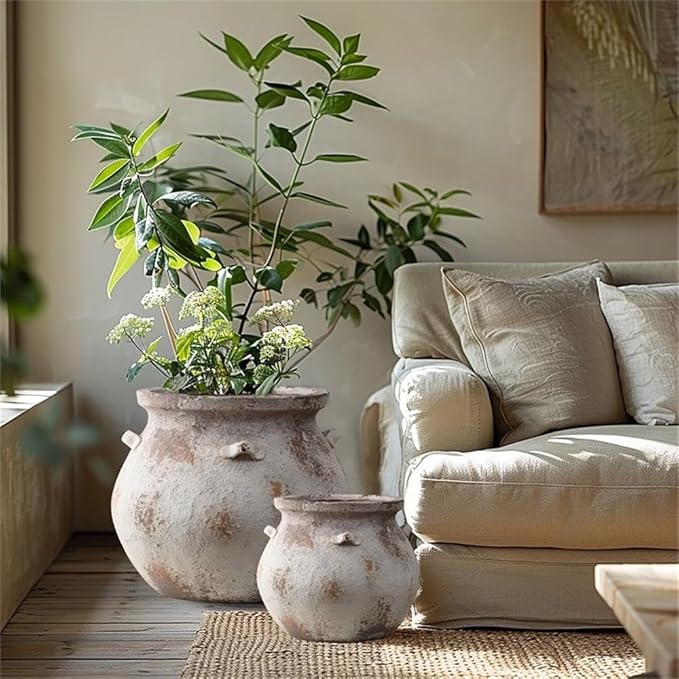 LuxenHome 14.96'' Dia Round Large Plant Pots, Off White Indoor Outdoor Planters with Drainage Holes, Rustic Distressed Flower Pot for Plants, Handmade Concrete Planter Pot for Home Patio Garden