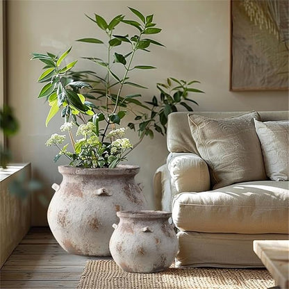 LuxenHome 14.96'' Dia Round Large Plant Pots, Off White Indoor Outdoor Planters with Drainage Holes, Rustic Distressed Flower Pot for Plants, Handmade Concrete Planter Pot for Home Patio Garden