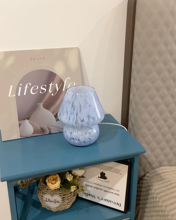 ONEWISH Mushroom Lamp Small Table Lamp-Nightstand Nightlight Dimmable Stepless, Translucent Glass Desk Lamp for Bedroom Dorm Living Kitchen, Murano Style Aesthetic Cute Home Decor(Blue)