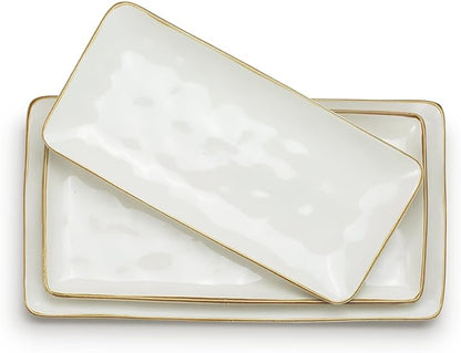 famiware Serving Platter, Rectangular 15.67/14.1/12.6inch Serving Dishes for Entertaining, Microwave Dishwasher Safe, Stoneware for Party, Turkey, Cheese, Ocean Series, Vanilla White
