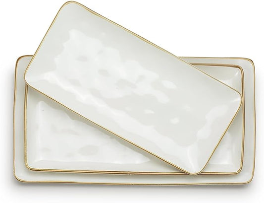 famiware Serving Platter, Rectangular 15.67/14.1/12.6inch Serving Dishes for Entertaining, Microwave Dishwasher Safe, Stoneware for Party, Turkey, Cheese, Ocean Series, Vanilla White