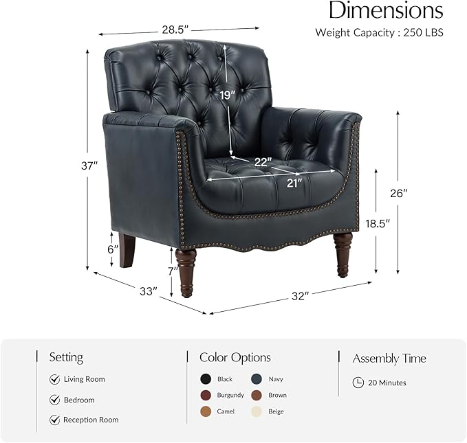 HULALA HOME Mid Century Modern Leather Club Chairs Set of 2, Top-Grain Genuine Leather Armchairs with Button-Tufted Back & Solid Wood Legs, Accent Chairs for Living Room/Bedroom/Home Office, Navy