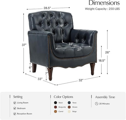 HULALA HOME Mid Century Modern Leather Club Chairs Set of 2, Top-Grain Genuine Leather Armchairs with Button-Tufted Back & Solid Wood Legs, Accent Chairs for Living Room/Bedroom/Home Office, Navy
