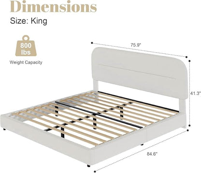 HOMBCK King Size Boucle Bed Frame, White Upholstered Platform King with Soft Headboard, Thickened Footboard, Rounded Corners, No Box Spring Required, Easy Assembly, White