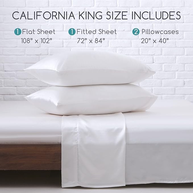 MR&HM Satin Bed Sheets, California King Size Sheets Set, 4 Pcs Silky Bedding Set with 15 Inches Deep Pocket for Mattress (California King, White)
