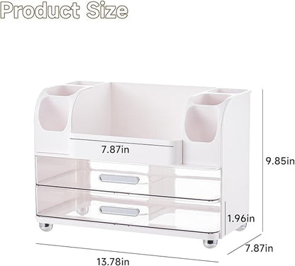 Makeup Organizer for Vanity with 2 Large Drawers, Cosmetic Display Case with Brush Holders, Easy to Storage for Bathroom Countertop Skincare, Desk Office Supplies, White